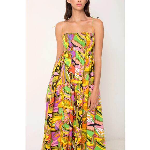 SWF Birds of Paradise A-Line Dress Smocked Square Neck Tie Shoulder Midi Floral - Picture 2 of 13